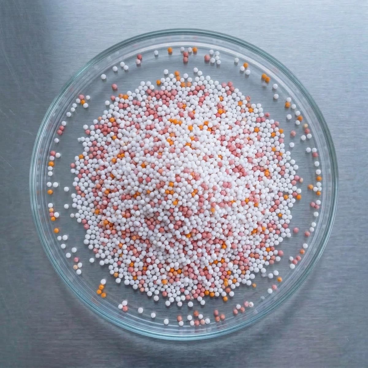 Mixed microgranules in a petri dish — each colour is a different compound